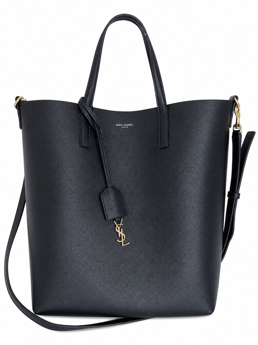 Saint Laurent Black Leather Tote with Gold YSL Charm and Strap